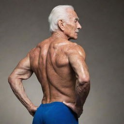 A muscular 100 year old man bodybuilder posing from the side and back.