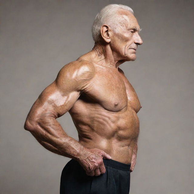 A muscular 100 year old man bodybuilder posing from the side and back.