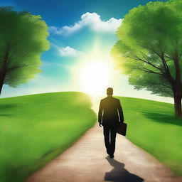 A businessman from behind, holding a briefcase in one hand and a Bible in the other, with his hand raised as if reading the Bible
