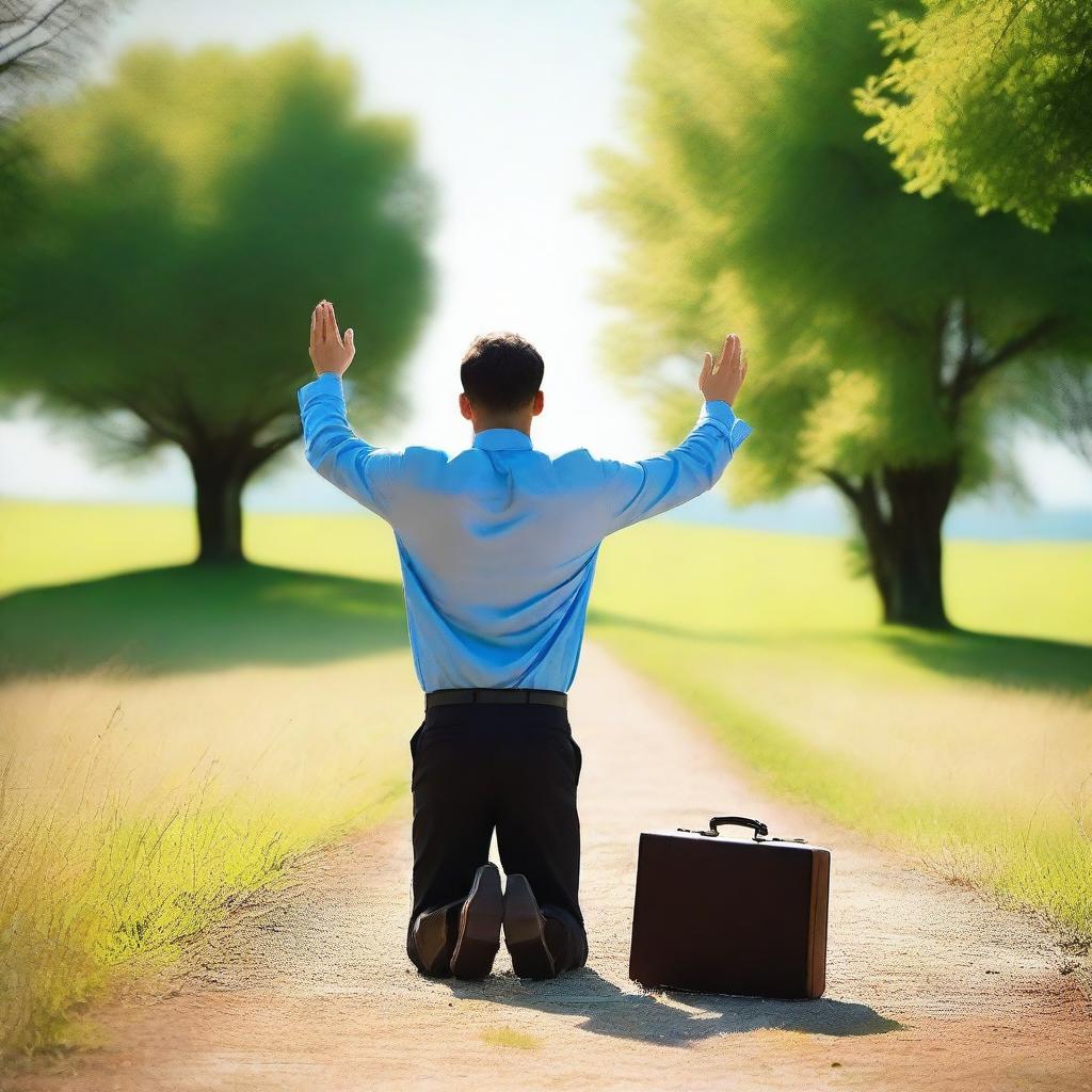 A businessman seen from behind, kneeling on a path illuminated by light, surrounded by lush green pastures and a blue sky