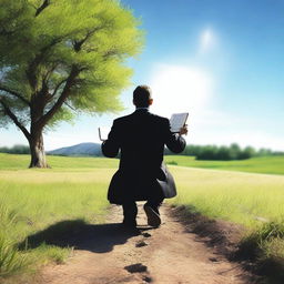 A businessman seen from behind, kneeling on a path illuminated by light, surrounded by lush green pastures and a blue sky