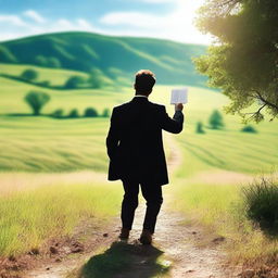 A businessman seen from behind, kneeling on a path illuminated by light, surrounded by lush green pastures and a blue sky