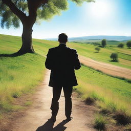 A businessman seen from behind, kneeling on a path illuminated by light, surrounded by lush green pastures and a blue sky