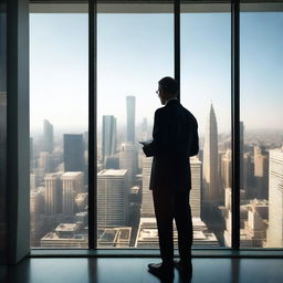 A businessman standing in a high-rise building, seen from behind, facing a large window