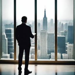 A businessman standing in a high-rise building, seen from behind, facing a large window