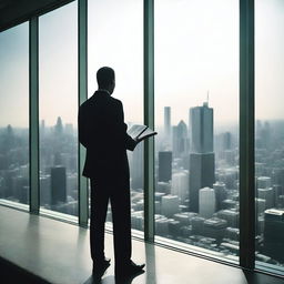 A businessman standing in a high-rise building, seen from behind, facing a large window