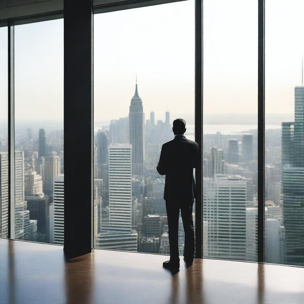 A businessman standing in a high-rise building, seen from behind, facing a large window