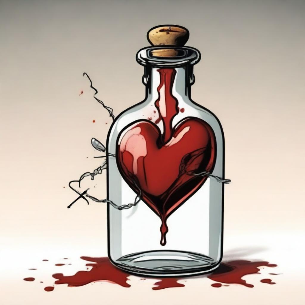 A detailed illustration of a heart inside a bottle with a dagger piercing through it