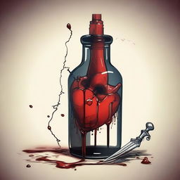 A detailed illustration of a heart inside a bottle with a dagger piercing through it