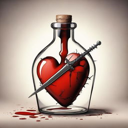 A detailed illustration of a heart inside a bottle with a dagger piercing through it