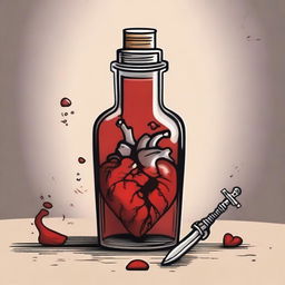 A detailed illustration of a heart inside a bottle with a dagger piercing through it