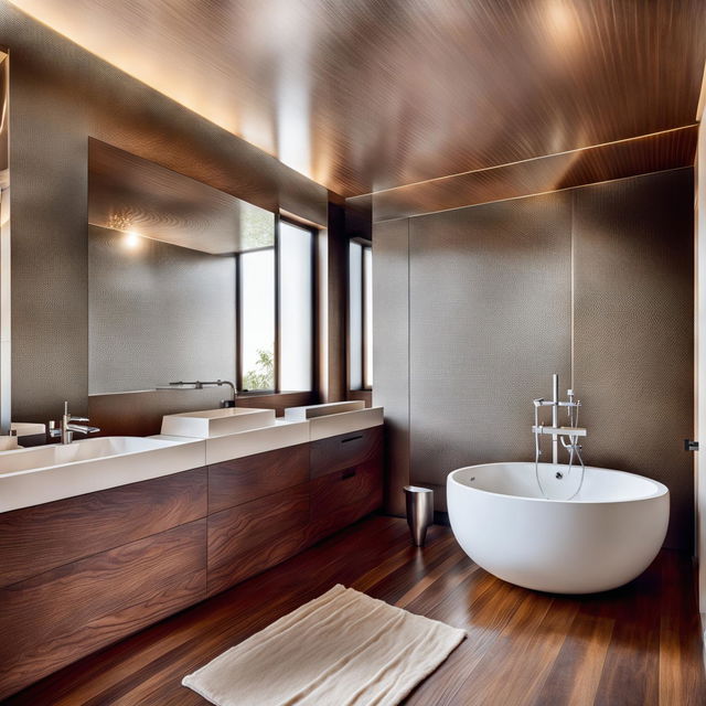 A high-end bathroom with organic vibes featuring a spacious layout, textured wallpaper, large mirror, dark wood vanity unit with white ceramic sink, freestanding bathtub, glass-enclosed shower area with rain shower head and bench seat, warm-toned hardwood flooring, plush cream rug, and soft recessed lighting.