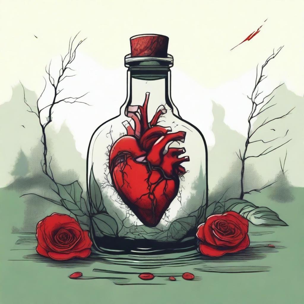 A detailed illustration of a heart inside a bottle with a dagger piercing through it