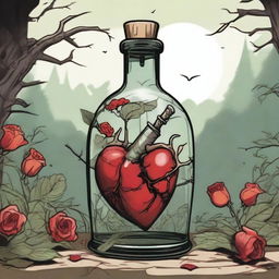 A detailed illustration of a heart inside a bottle with a dagger piercing through it