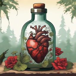 A detailed illustration of a heart inside a bottle with a dagger piercing through it