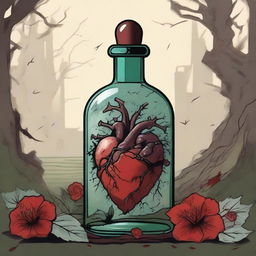 A detailed illustration of a heart inside a bottle with a dagger piercing through it