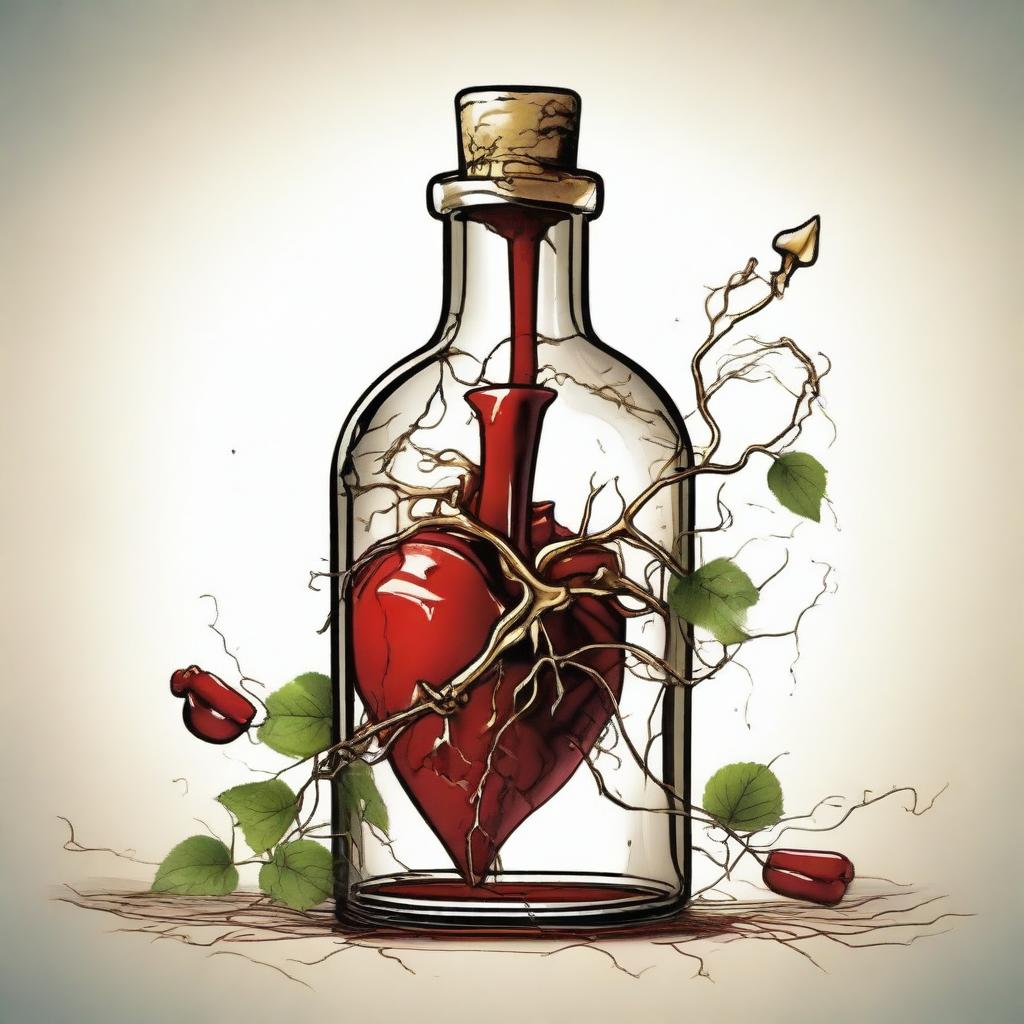 A detailed illustration of a heart inside a bottle with a gold dagger piercing through it