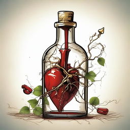 A detailed illustration of a heart inside a bottle with a gold dagger piercing through it