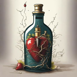 A detailed illustration of a heart inside a bottle with a gold dagger piercing through it