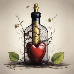 A detailed illustration of a heart inside a bottle with a gold dagger piercing through it