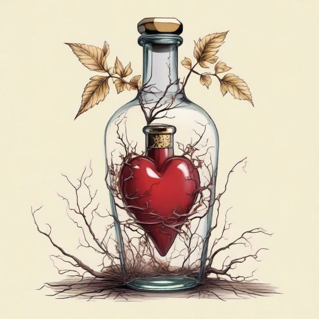 A detailed illustration of a heart inside a bottle with a gold dagger piercing through it