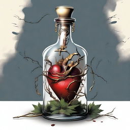 A detailed illustration of a heart inside a bottle with a gold dagger piercing through it horizontally