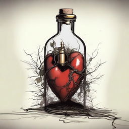 A detailed illustration of a heart inside a bottle with a gold dagger piercing through it horizontally