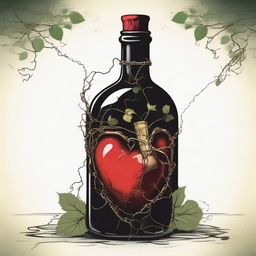 A detailed illustration of a heart inside a bottle with a gold dagger piercing through it horizontally