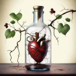 A detailed illustration of a heart inside a bottle with a gold dagger piercing through it horizontally