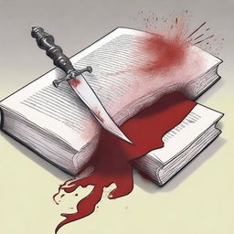 A detailed illustration of a book being stabbed by a dagger with blood coming out