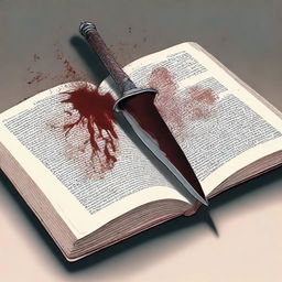 A detailed illustration of a book being stabbed by a dagger with blood coming out