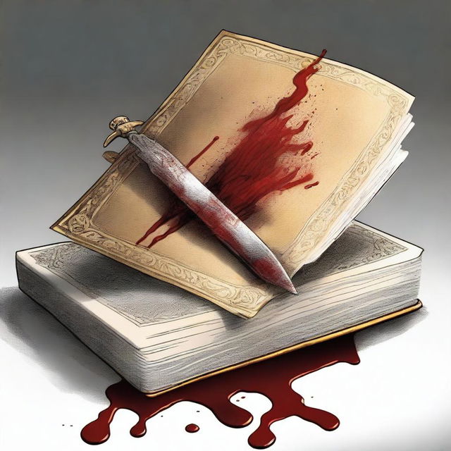 A detailed illustration of a book being stabbed by a beautiful gold dagger with blood coming out