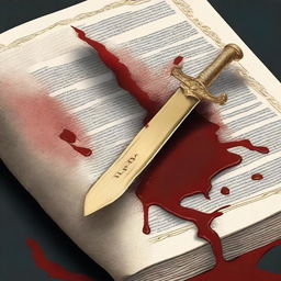 A detailed illustration of a book being stabbed by a beautiful gold dagger with blood coming out