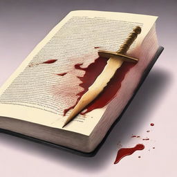 A detailed illustration of a book being stabbed by a beautiful gold dagger with blood coming out