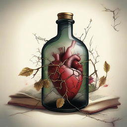 A detailed illustration of a heart inside a bottle with a gold dagger piercing through a closed book horizontally