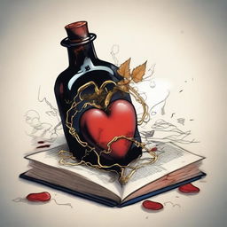 A detailed illustration of a heart inside a bottle with a gold dagger piercing through a closed book horizontally