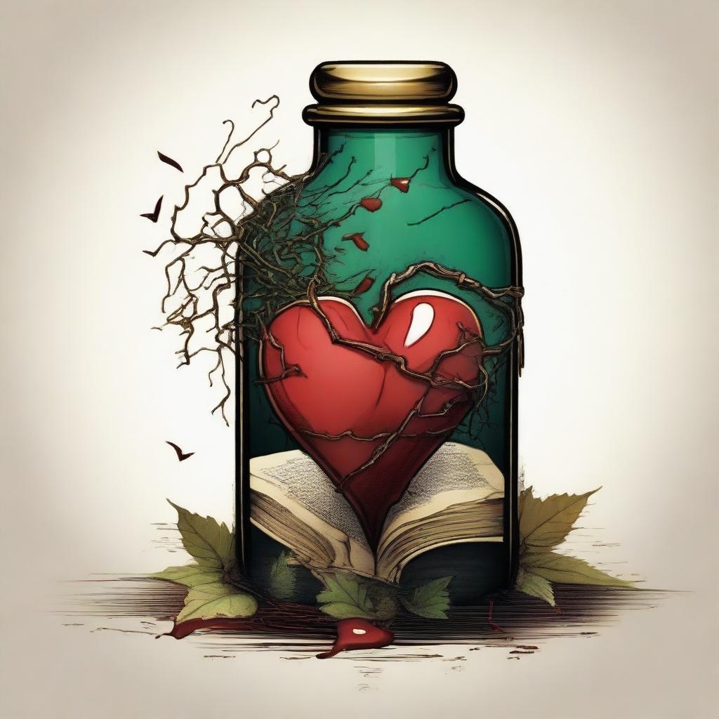 A detailed illustration of a heart inside a bottle with a gold dagger piercing through a closed book horizontally