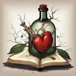 A detailed illustration of a heart inside a bottle with a gold dagger piercing through a closed book horizontally