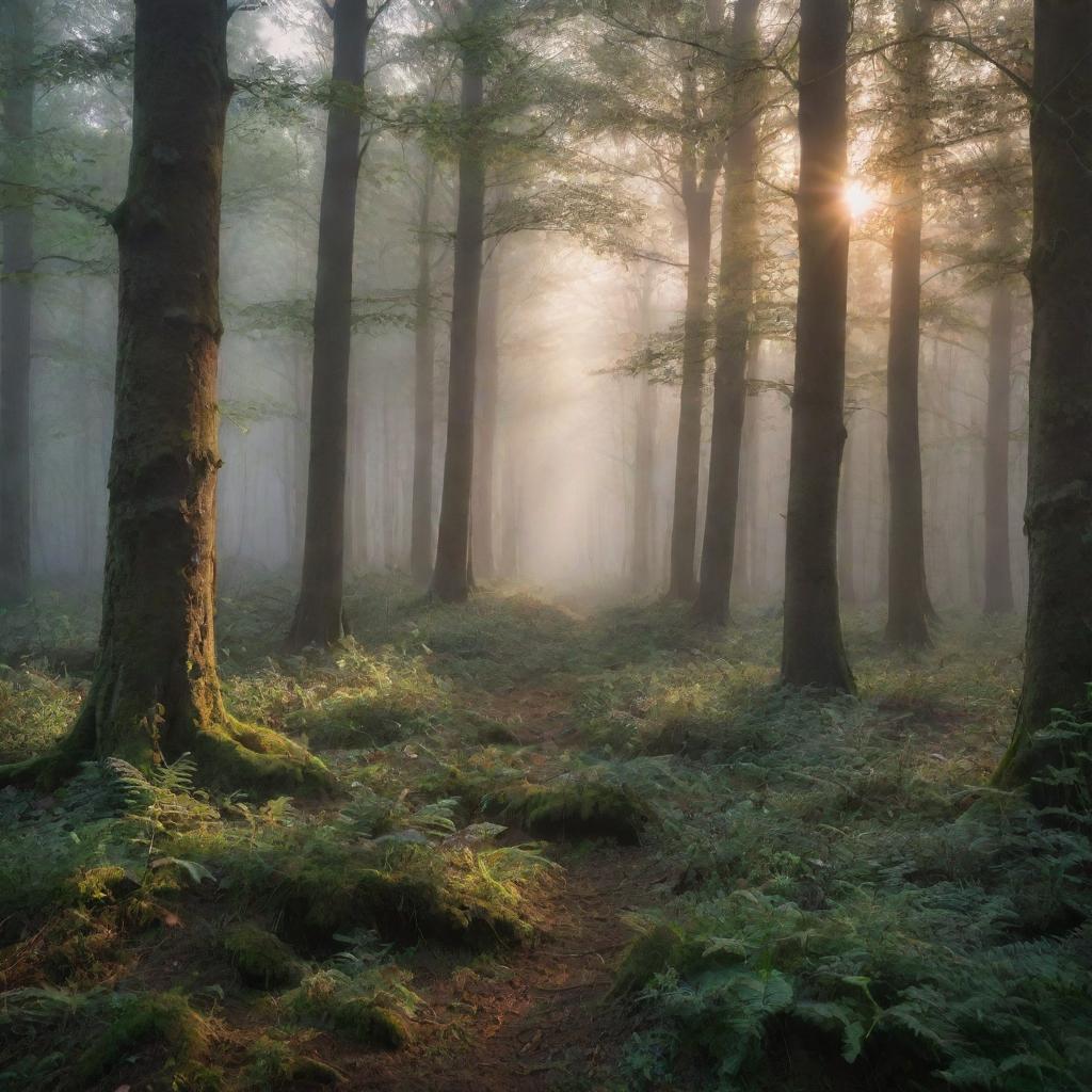 A breathtaking landscape of a mystical forest bathed in the soft light of dawn