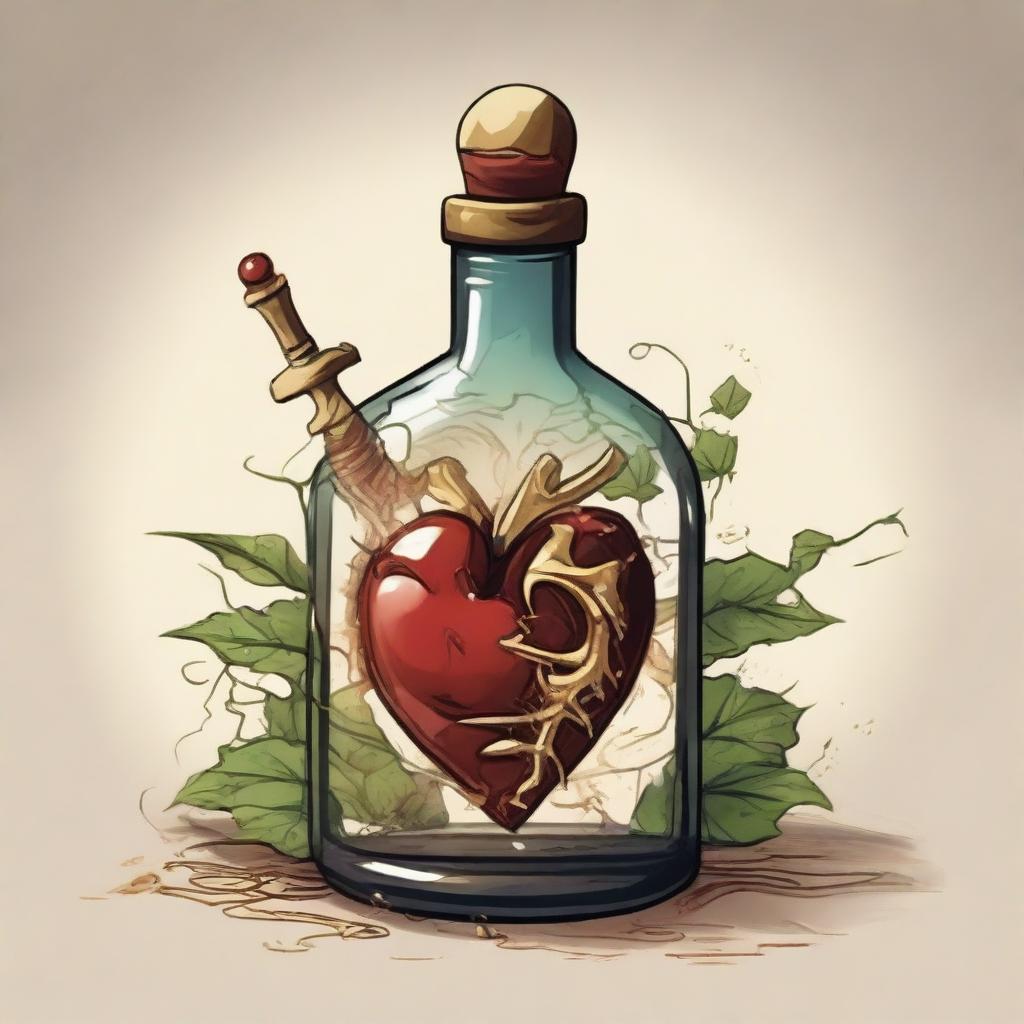 A detailed illustration of a heart inside a bottle with a gold dagger piercing through it horizontally