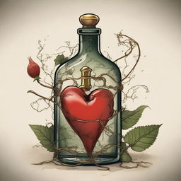 A detailed illustration of a heart inside a bottle with a gold dagger piercing through it horizontally