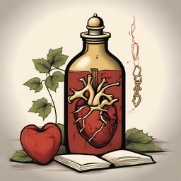 A detailed illustration of a heart inside a bottle with a gold dagger piercing through it horizontally