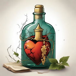 A detailed illustration of a heart inside a bottle with a gold dagger piercing through it horizontally