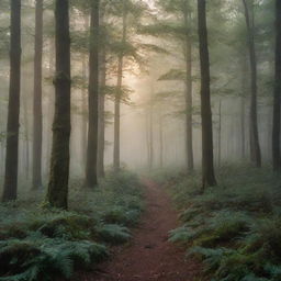 A breathtaking landscape of a mystical forest bathed in the soft light of dawn