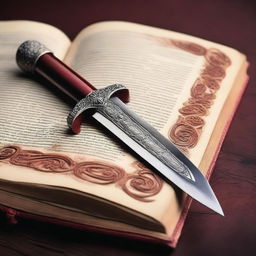 A beautifully crafted dagger with intricate motifs is piercing through a closed book