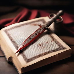 A beautifully crafted dagger with intricate motifs is piercing through a closed book