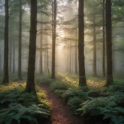 A breathtaking landscape of a mystical forest bathed in the soft light of dawn