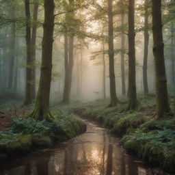 A breathtaking landscape of a mystical forest bathed in the soft light of dawn