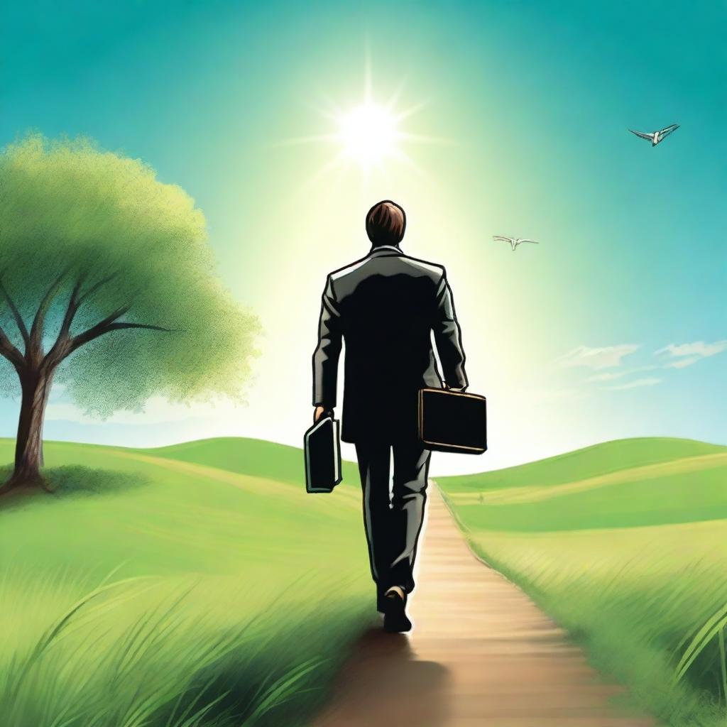 A businessman seen from behind, holding a briefcase lowered in one hand and raising a Bible towards the sky with the other hand