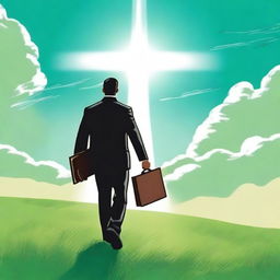 A businessman seen from behind, holding a briefcase lowered in one hand and raising a Bible towards the sky with the other hand